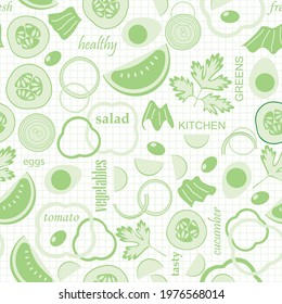 sliced vegetables and words in collage - light green seamless vector background with salad ingredients