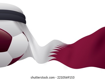 Sliced view of a soccer ball with maroon pentagons, wearing a keffiyeh converted in a waving Qatar flag.