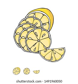 Sliced ​​lemon watercolor image yellow fruit stock vector illustration black outline design element for web, for print, for restaurant menu