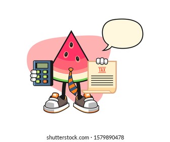 Sliced watermelon accountant with speech bubble cartoon. Mascot Character vector.