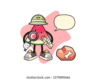 Sliced watermelon archaeologist with speech bubble cartoon. Mascot Character vector.