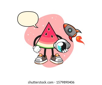 Sliced watermelon astronaut with speech bubble cartoon. Mascot Character vector.