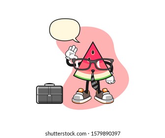 Sliced watermelon businessman with speech bubble cartoon. Mascot Character vector.
