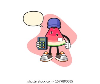 Sliced watermelon cashier with speech bubble cartoon. Mascot Character vector.