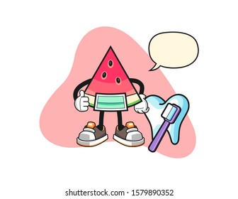 Sliced watermelon dentist with speech bubble cartoon. Mascot Character vector.