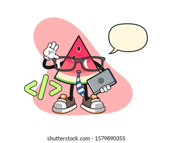 Sliced watermelon developer with speech bubble cartoon. Mascot Character vector.