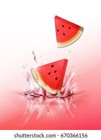 Sliced Watermelon drop on juice splash and ripple, Realistic Fruit and yogurt, transparent, vector illustration