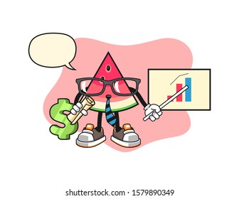 Sliced watermelon economist with speech bubble cartoon. Mascot Character vector.