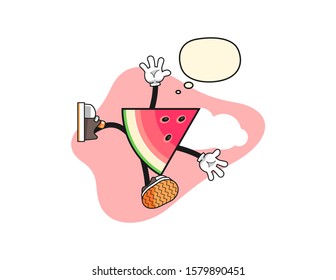 Sliced watermelon fall from sky with thought bubble cartoon. Mascot Character vector.
