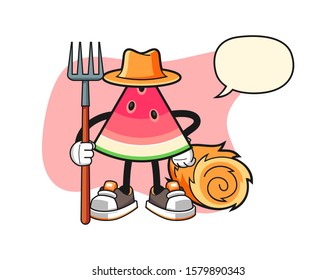Sliced watermelon farmer with speech bubble cartoon. Mascot Character vector.