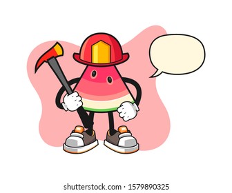 Sliced watermelon firefighter with speech bubble cartoon. Mascot Character vector.