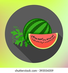 sliced watermelon flat long shadow style vector icon. Modern flat pictogram. Big watermelon slice cut with seed Flat design icon. Watermelon icon, modern minimal flat design style, vector illustration