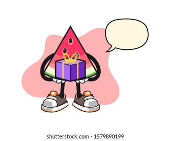 Sliced watermelon give a gift with speech bubble cartoon. Mascot Character vector.