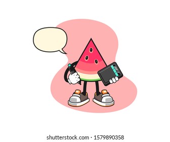 Sliced watermelon graphic designer with speech bubble cartoon. Mascot Character vector.