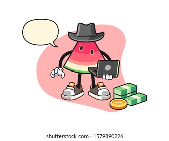 Sliced watermelon hacker with speech bubble cartoon. Mascot Character vector.