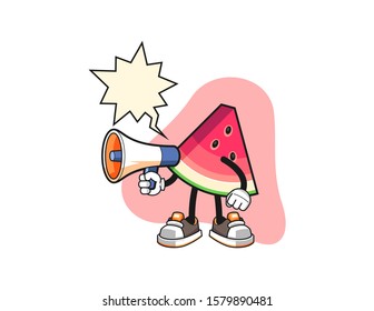 Sliced watermelon hold megaphone with speech bubble cartoon. Mascot Character vector.