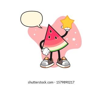 Sliced watermelon hold a star with speech bubble cartoon. Mascot Character vector.