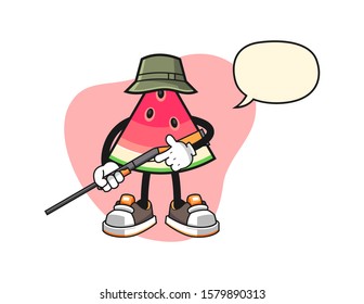 Sliced watermelon hunter with speech bubble cartoon. Mascot Character vector.
