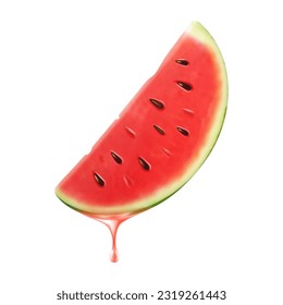 Sliced of watermelon with juice dripping isolated on transparent background. Fresh slice of watermelon with essential oil dripping. Juicy fruit. Fresh summer design. Realistic 3d vector