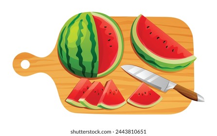 Sliced watermelon with knife on wooden cutting board. Vector cartoon illustration