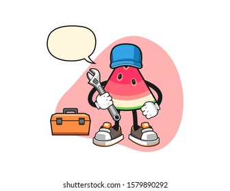 Sliced watermelon mechanic with speech bubble cartoon. Mascot Character vector.