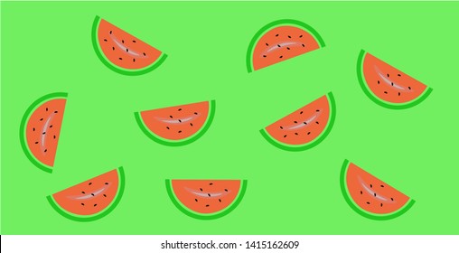 Sliced watermelon on green background. Watermelon pattern