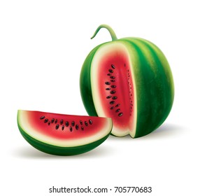 A sliced watermelon and the part of it in a realistic depiction