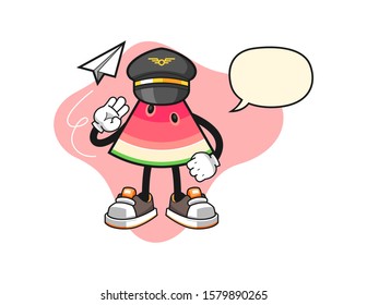 Sliced watermelon pilot with speech bubble cartoon. Mascot Character vector.