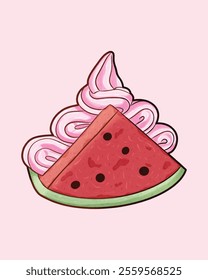 A sliced watermelon with pink ice cream swirl on hand drawn style