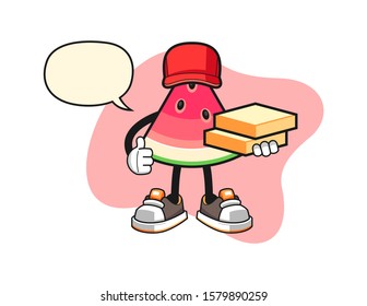 Sliced watermelon pizza delivery with speech bubble cartoon. Mascot Character vector.