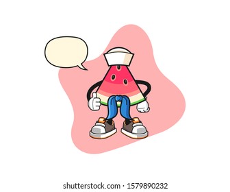 Sliced watermelon sailor man with speech bubble cartoon. Mascot Character vector.