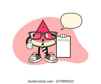 Sliced watermelon salesman with speech bubble cartoon. Mascot Character vector.