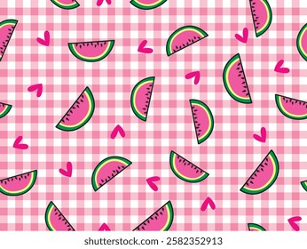 SLICED WATERMELON SEAMLESS PATTERN WITH HEARTS ON GINGHAM CHECK BACKGROUND ALL OVER PRINT VECTOR ILLUSTRATION