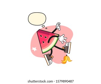 Sliced watermelon slip on banana peel with thought bubble cartoon. Mascot Character vector.