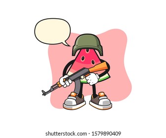 Sliced watermelon soldier with speech bubble cartoon. Mascot Character vector.
