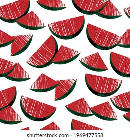 Sliced watermelon textured pattern in cartoon style on a white background. Isolated stock vector illustration with a clipping mask. 