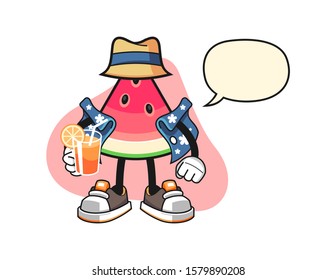 Sliced watermelon vacation with speech bubble cartoon. Mascot Character vector.