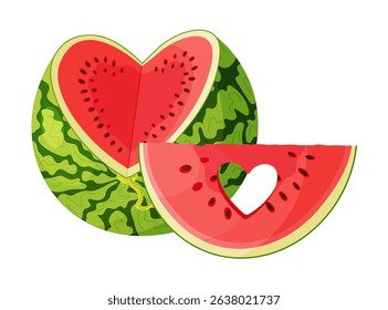Sliced ​​red watermelon and watermelon wedge. Botanical fruit berry composition. Hand drawn trendy flat style isolated icon on a transparent background for card design, print, banner, packaging, label