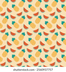 Sliced watermelon and whole pineapple Seamless pattern. Summertime background texture or wallpaper