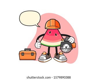 Sliced watermelon woodworker with speech bubble cartoon. Mascot Character vector.