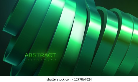 Sliced wavy surface. Vector futuristic illustration. Abstract background with green metallic shapes. 3d relief with curved ribbons. Decoration element. Modern cover design