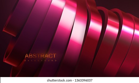 Sliced wavy surface. Vector futuristic illustration. Abstract background with red metallic shapes. 3d relief with curved ribbons. Decoration element. Modern cover design