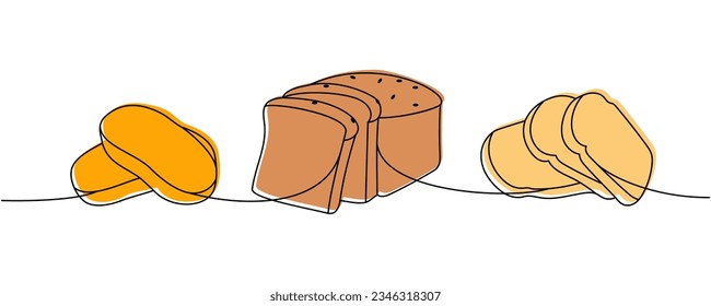 Sliced wheat breads one line colored continuous drawing. Whole grain and wheat bread, ciabatta, toast bread continuous one line illustration.