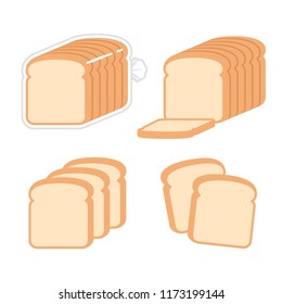 Sliced white sandwich bread illustration set. Toast slices and loaf in bag. Simple modern flat vector style.