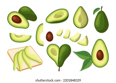 Sliced and whole avocado cartoon illustration set. Source of vegetable fat. Fruit sliced into halves, quarters and cubes. Food, healthy meal, nutrition, nourishment concept