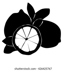 sliced and whole lemon with leaf silhouette on a white background