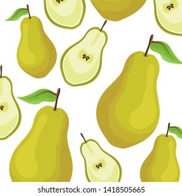 sliced and whole pear tropical fruits background vector illustration