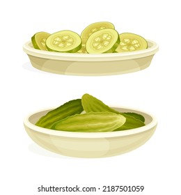 Sliced and Whole Pickled Cucumber or Gherkin with Salted Taste Served as Snack Vector Set