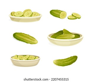 Sliced and Whole Pickled Cucumber or Gherkin with Salted Taste Served as Snack Vector Set