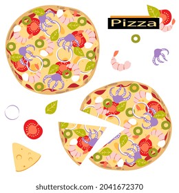 Sliced and whole pizza with seafood. Shrimp, octopus, tomato, cheese, basil and olive. Flat style. Italian food. Vector illustration.